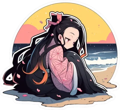 kimetsu-no-yaiba-sad-nezuko-on-sandy-beach-sticker